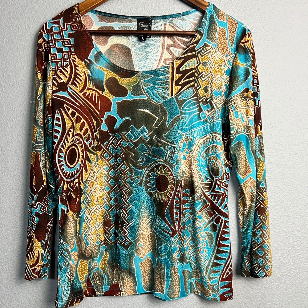Suzie in the City Abstract Print Top Sz L Boho‎ Tribal Retro Y2K Stretchy Blouse
